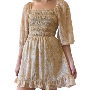 Sienna Sky smock ruffle mini dress. Tan paisley size Large